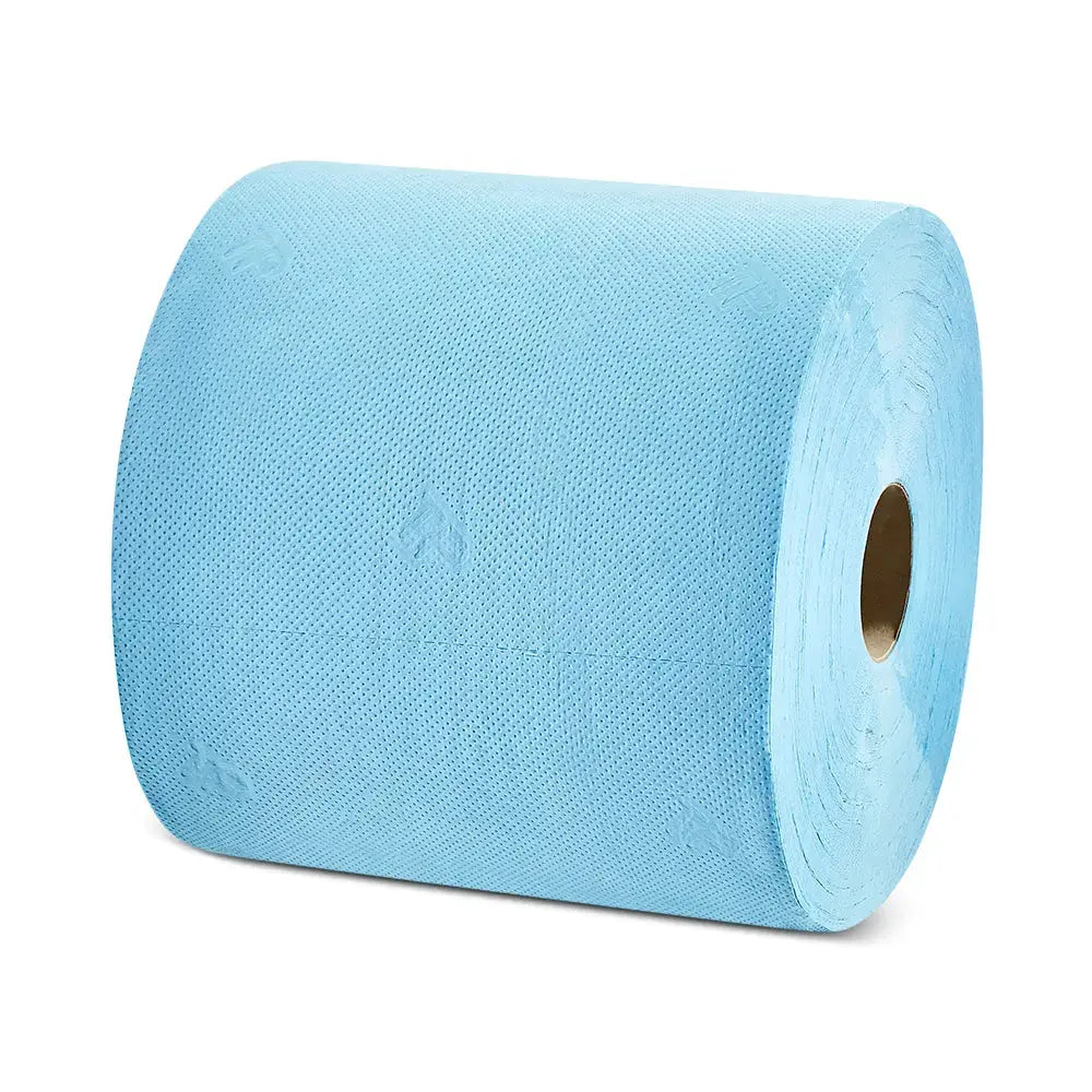 Blue wiper roll being used in industrial cleaning