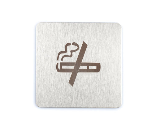 Stainless steel no smoking sign with crossed cigarette symbol, self-adhesive for doors and walls in cafes, offices, and entrances