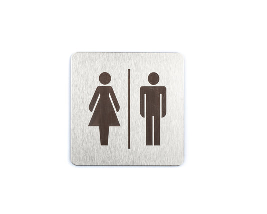A stainless steel sign with pictograms representing a men's and women's toilet, with a self-stick adhesive backing.