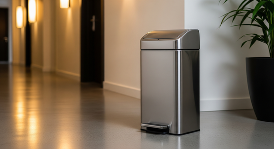 47L brushed stainless steel pedal waste bin in a premium hotel corridor