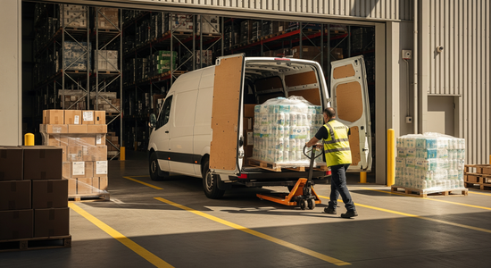 Warehouse worker loading hygiene product pallets into delivery van at loading dock