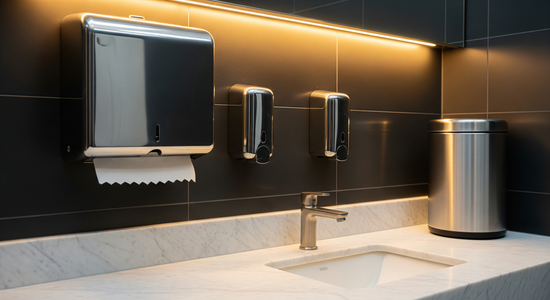 Stainless steel paper towel and soap dispensers on dark wall above marble countertop
