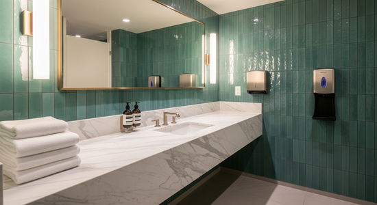 Modern hotel washroom with teal tiles, marble countertop and touchless sanitiser station