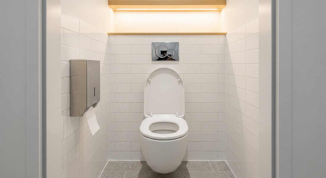 Bright modern toilet cubicle with white subway tiles and seat cover dispenser