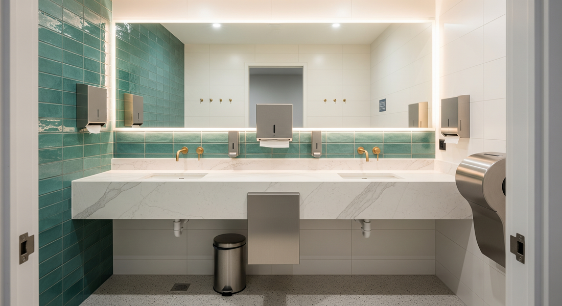 Fully equipped commercial washroom with teal tiles, marble vanity and stainless steel dispensers