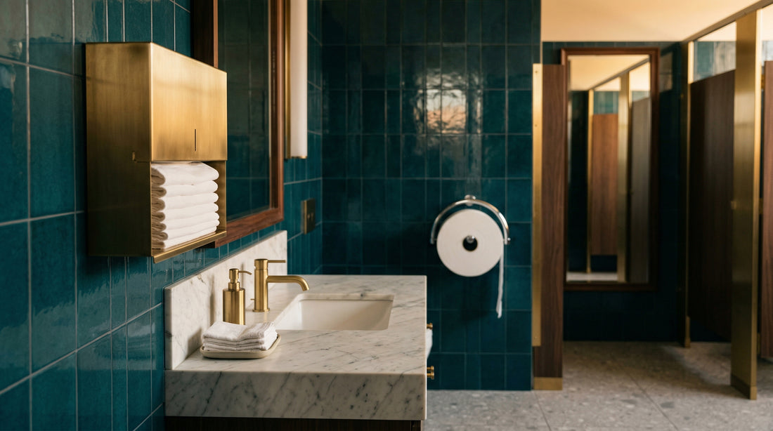 Premium commercial washroom with teal tiles and brass fixtures