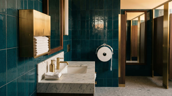 Premium commercial washroom with teal tiles and brass fixtures