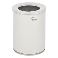 Brushed finish cylindrical waste office bin with a brand logo on a white background