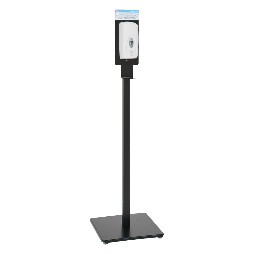 Automatic hand sanitiser dispenser stand in black, touch-free spray pump”