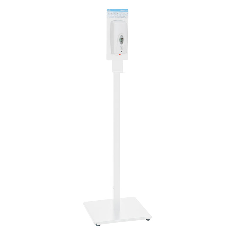 Floor-standing automatic hand sanitiser dispenser in white, touch-free”