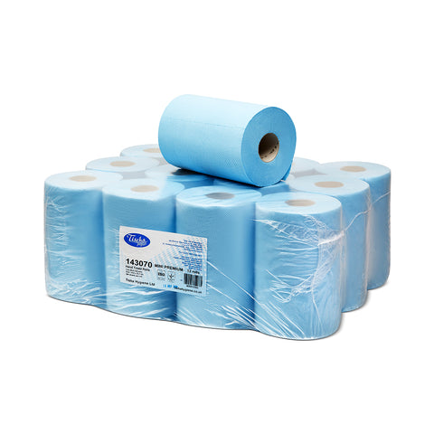Blue centrefeed paper rolls – 12 pack, 68m each, compact size