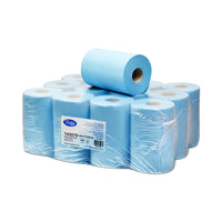 Blue centrefeed paper rolls – 12 pack, 68m each, compact size