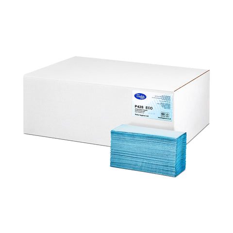 Blue recycled Z-Fold hand towels – dispenser compatible, eco washroom supplies