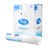 A large white box labeled "Tischa papier" contains medical rolls, with one roll placed in front, showcasing its super white, 2-ply design.
