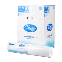 A large white box labeled "Tischa papier" contains medical rolls, with one roll placed in front, showcasing its super white, 2-ply design.