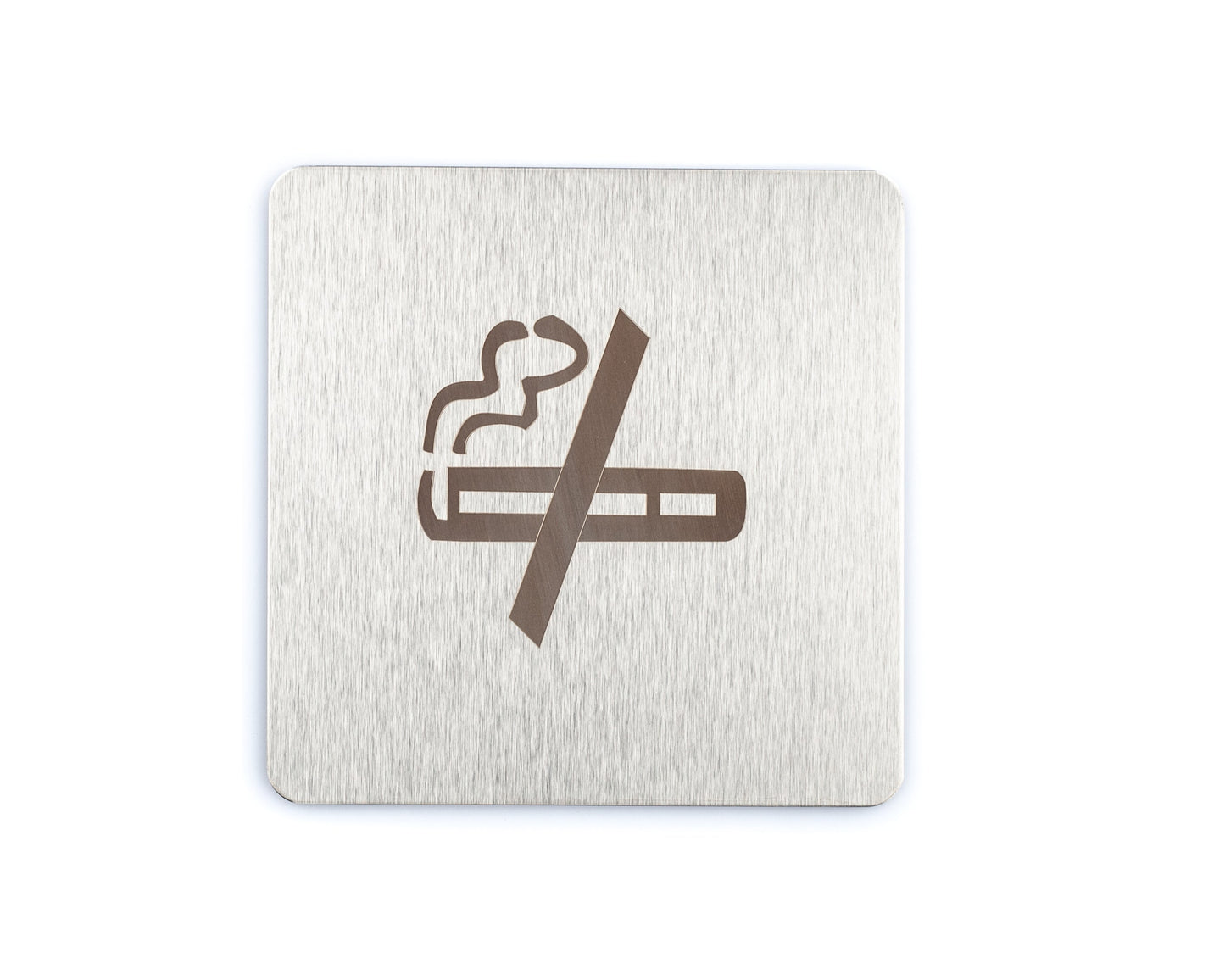 Stainless steel no smoking sign with crossed cigarette symbol, self-adhesive for doors and walls in cafes, offices, and entrances