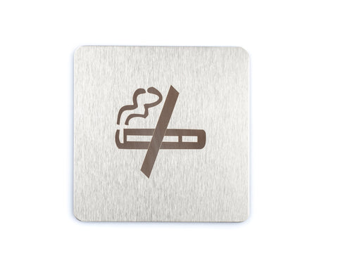 Stainless steel no smoking sign with crossed cigarette symbol, self-adhesive for doors and walls in cafes, offices, and entrances