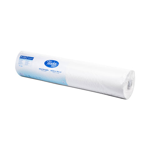 A roll of medical paper with a blue and white label, featuring the brand "Tischa Paper" and product details, wrapped in clear plastic.