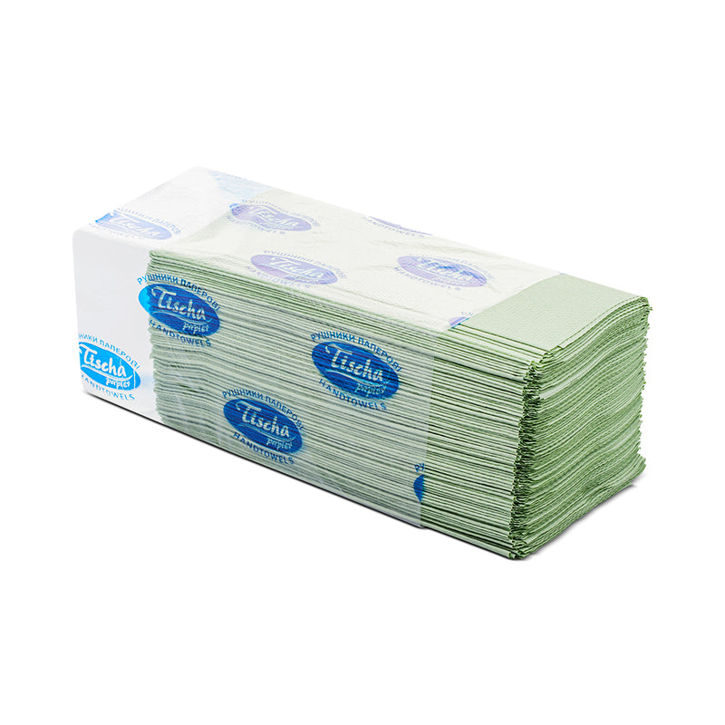 Green recycled V-Fold / Interfold hand towels – dispenser ready, practical for offices and salons
