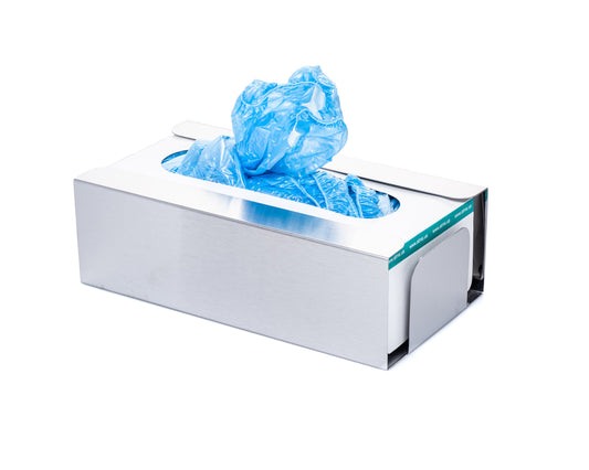 Stainless steel dispenser for gloves, face masks, or shoe covers – brushed finish

