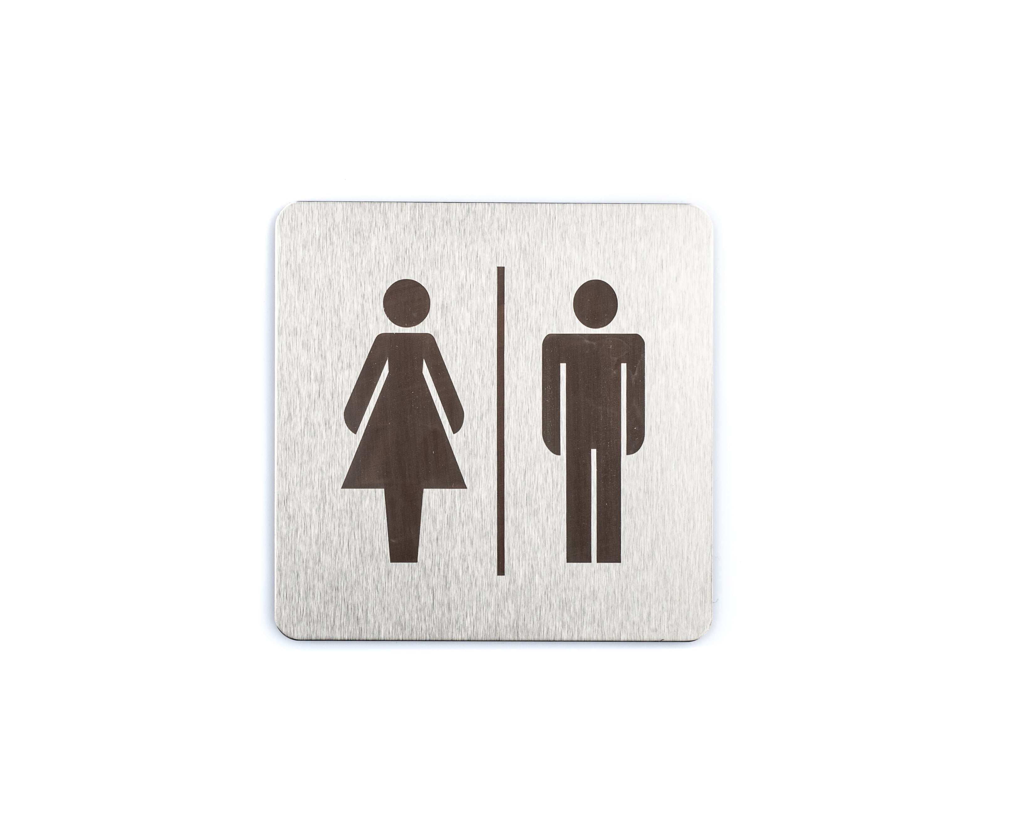 A stainless steel sign with pictograms representing a men's and women's toilet, with a self-stick adhesive backing.