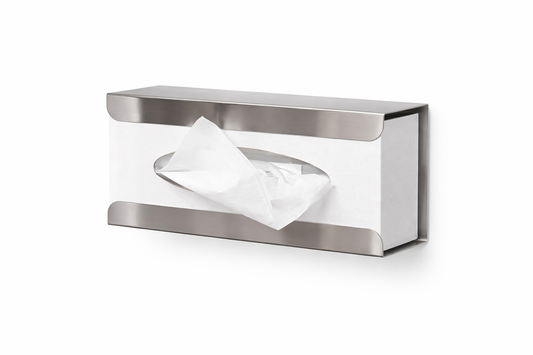 Wall-mounted stainless steel facial tissue dispenser for commercial washrooms