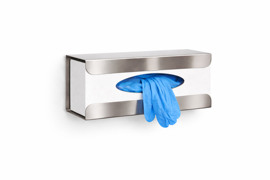 Wall-mounted stainless steel dispenser for disposable gloves with blue nitrile gloves