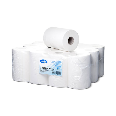 White centrefeed paper rolls – 12 pack, 68m each, compact size