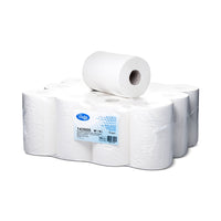 White centrefeed paper rolls – 12 pack, 68m each, compact size